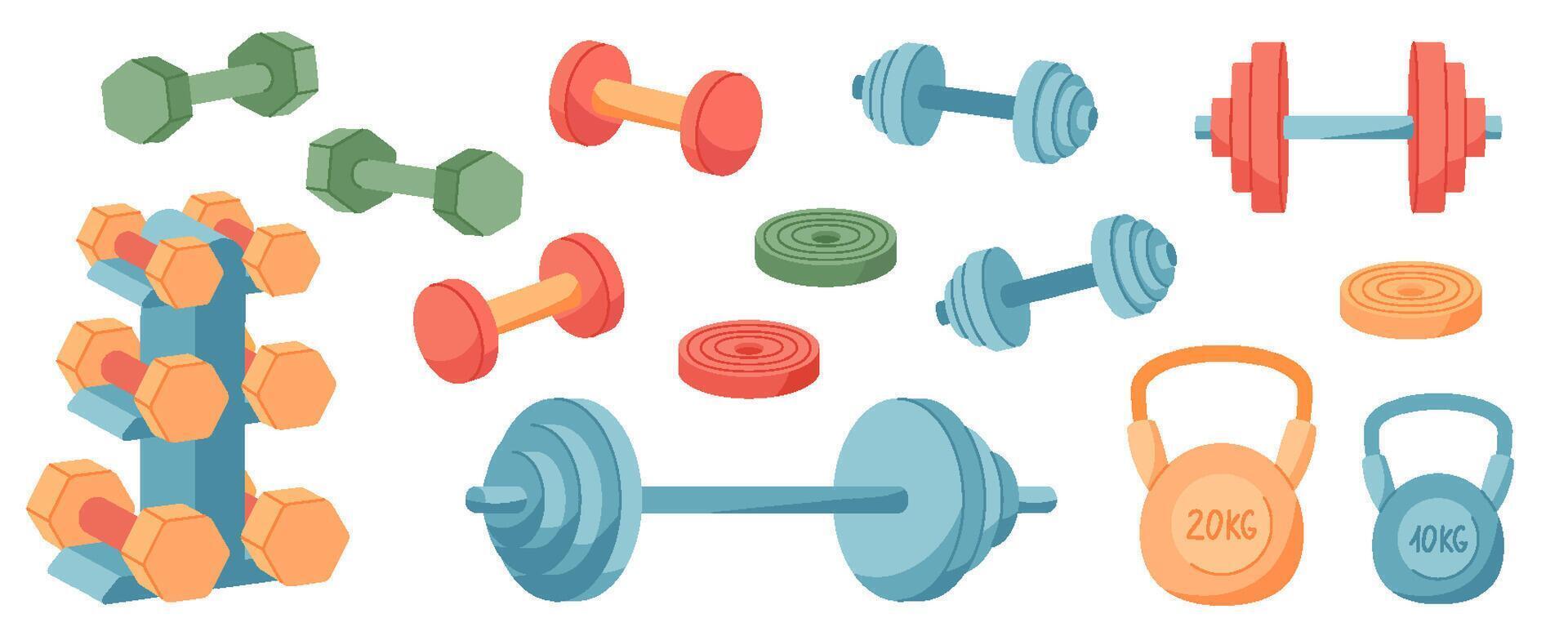 Colorful flat sport equipment set with dumbbells, kettlebells, and barbells. A versatile gym and fitness collection for exercise, workout, training. Designed for energetic routines, strength vector