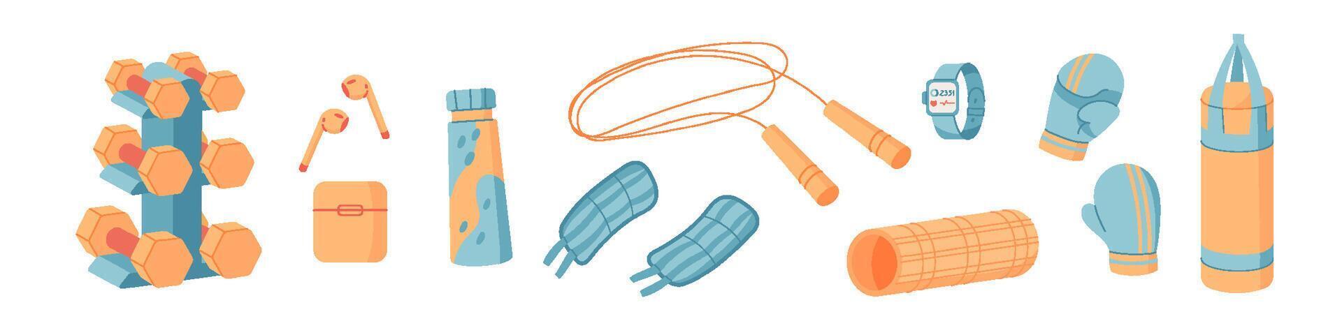 Colorful flat gym equipment set featuring accessories for fitness and workout. Includes dumbbells, training gear, and more. Perfect for sport, healthy lifestyle, gym background. vector