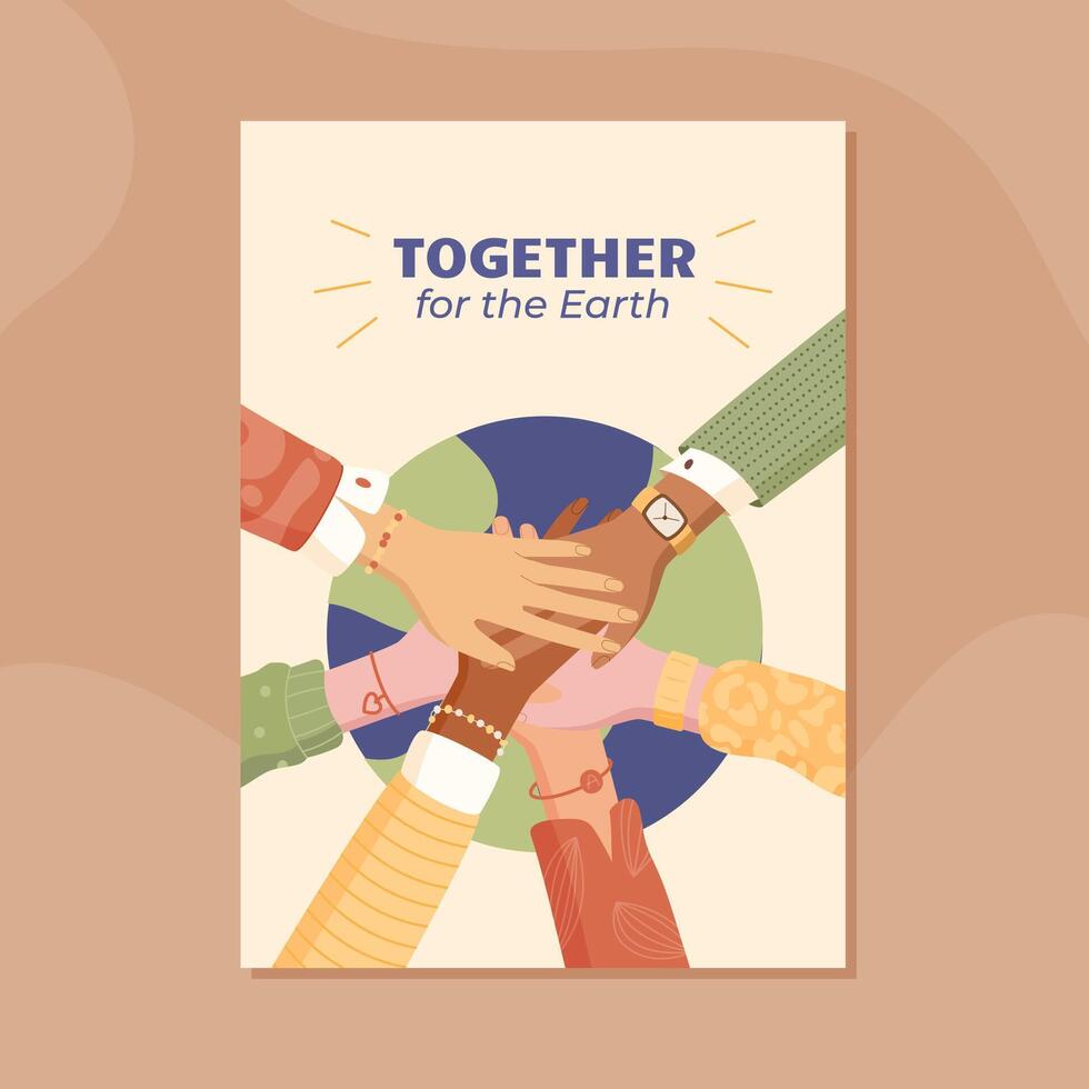 Flat volunteer banner with diverse hands together in support. Solidarity and teamwork highlight charity efforts. Community aid and strong connections emphasized. vector