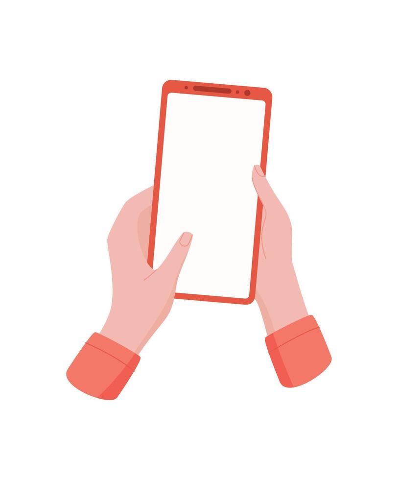 A hand holds a mobile phone displaying a blank template. The smartphone features touchscreen. This user device is ideal for applications. Digital technology, flat format, great for online media. vector