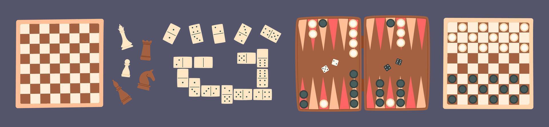 Flat strategy board game set with chess, checkers, domino, backgammon, and mahjong. Boardgame pieces, including dice and tiles, arranged on table. Fun tabletop activity for strategy, leisure, or vector