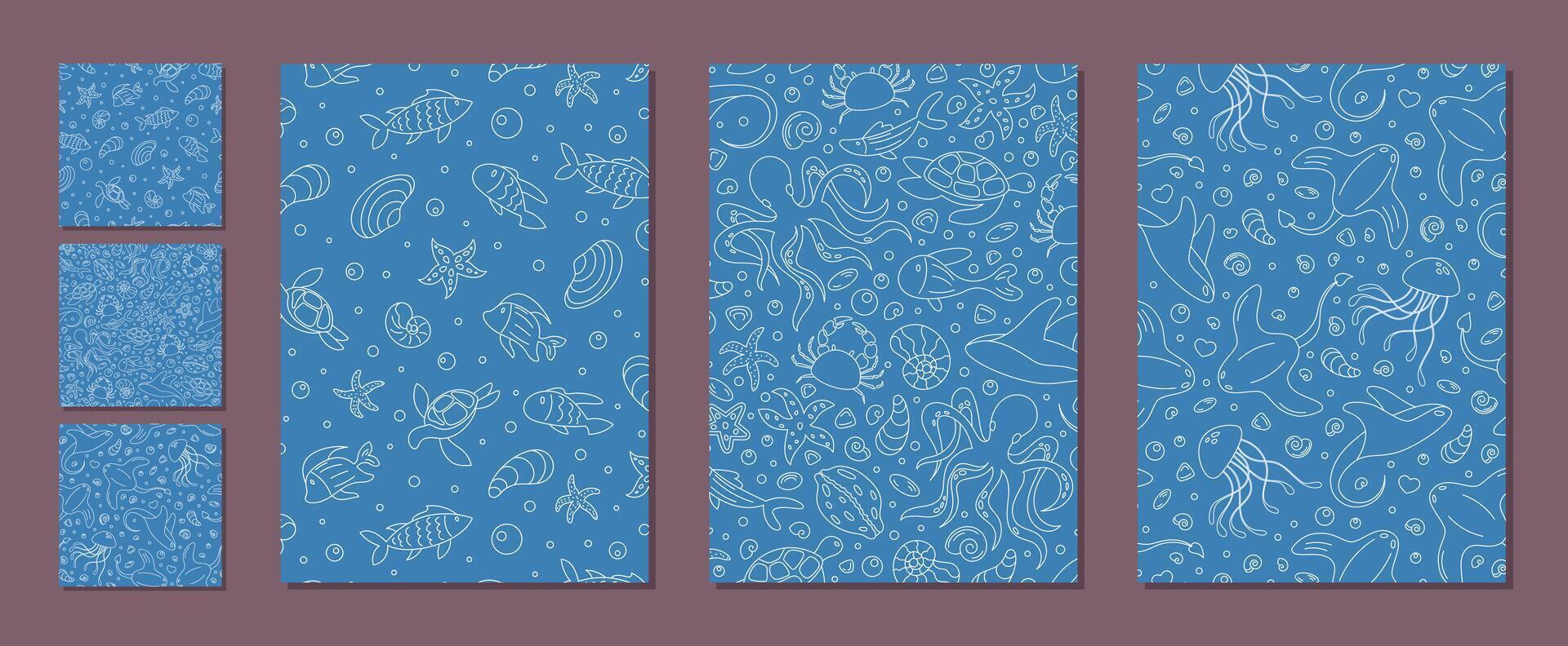 Seamless underwater pattern in outline style set. Marine life silhouettes show fish, aquatic creatures, and ocean elements. This set features doodle design, creating a clean and textured background vector