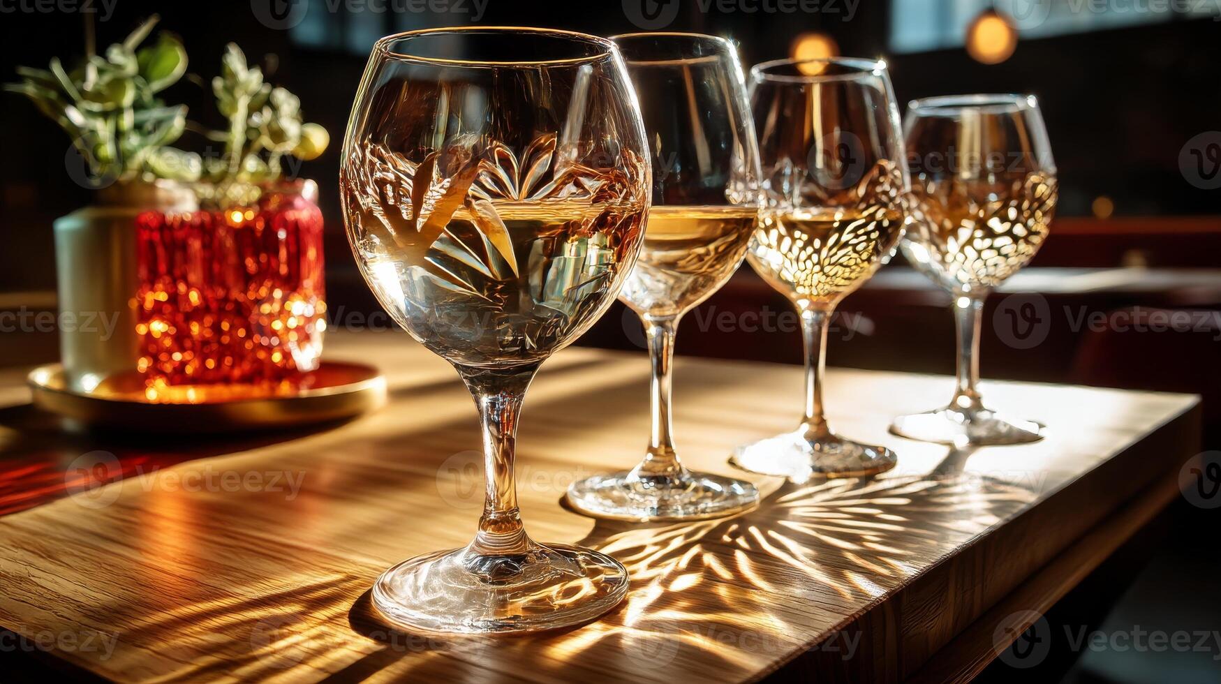 Three wine glasses with wine on a table photo