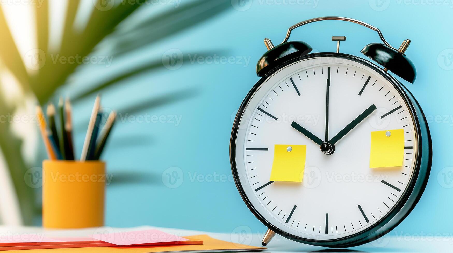 Clock with sticky notes on desk with blue background 3d render photo