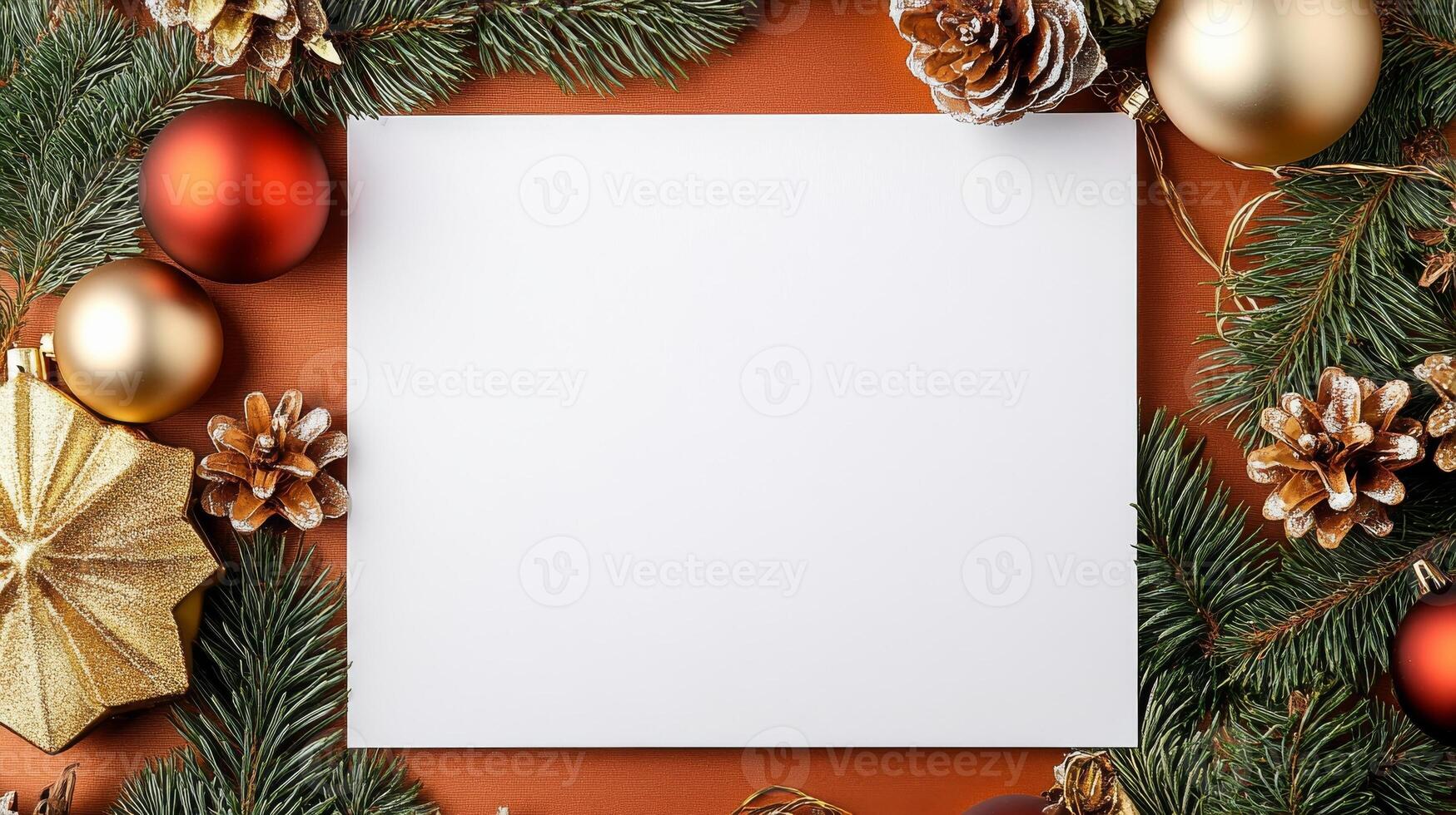 Christmas decorations and a blank paper on a red background photo