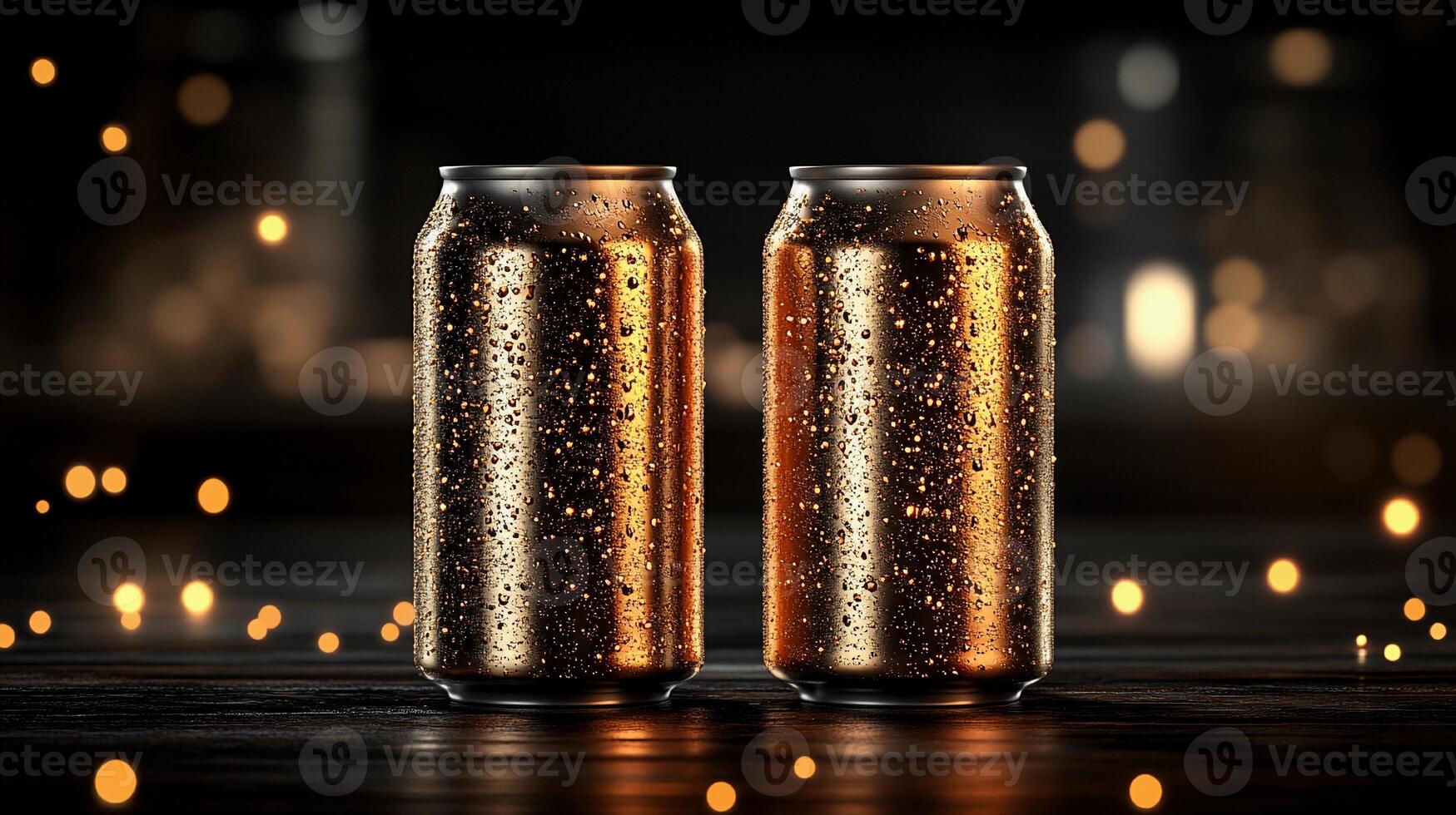 Mockup of Two Gold Aluminum Cans with Water Droplets on Black Background with Light photo