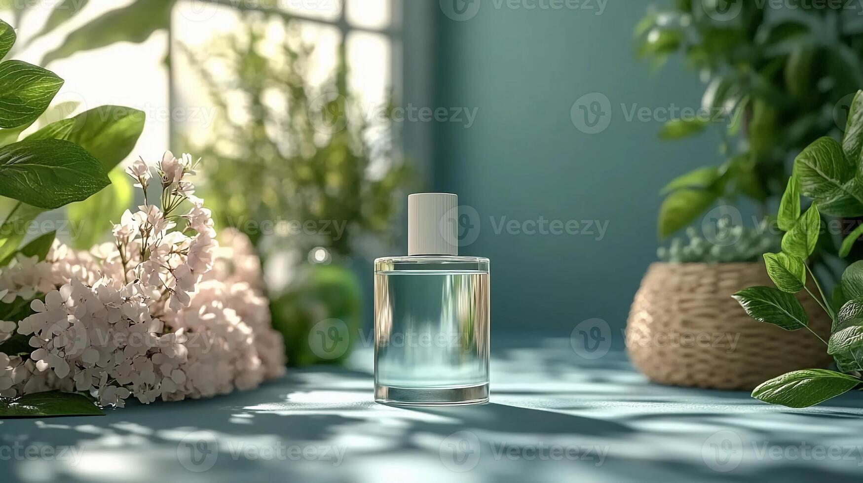 Product bottle mockup, jar on blue background with greenery and white flowers photo