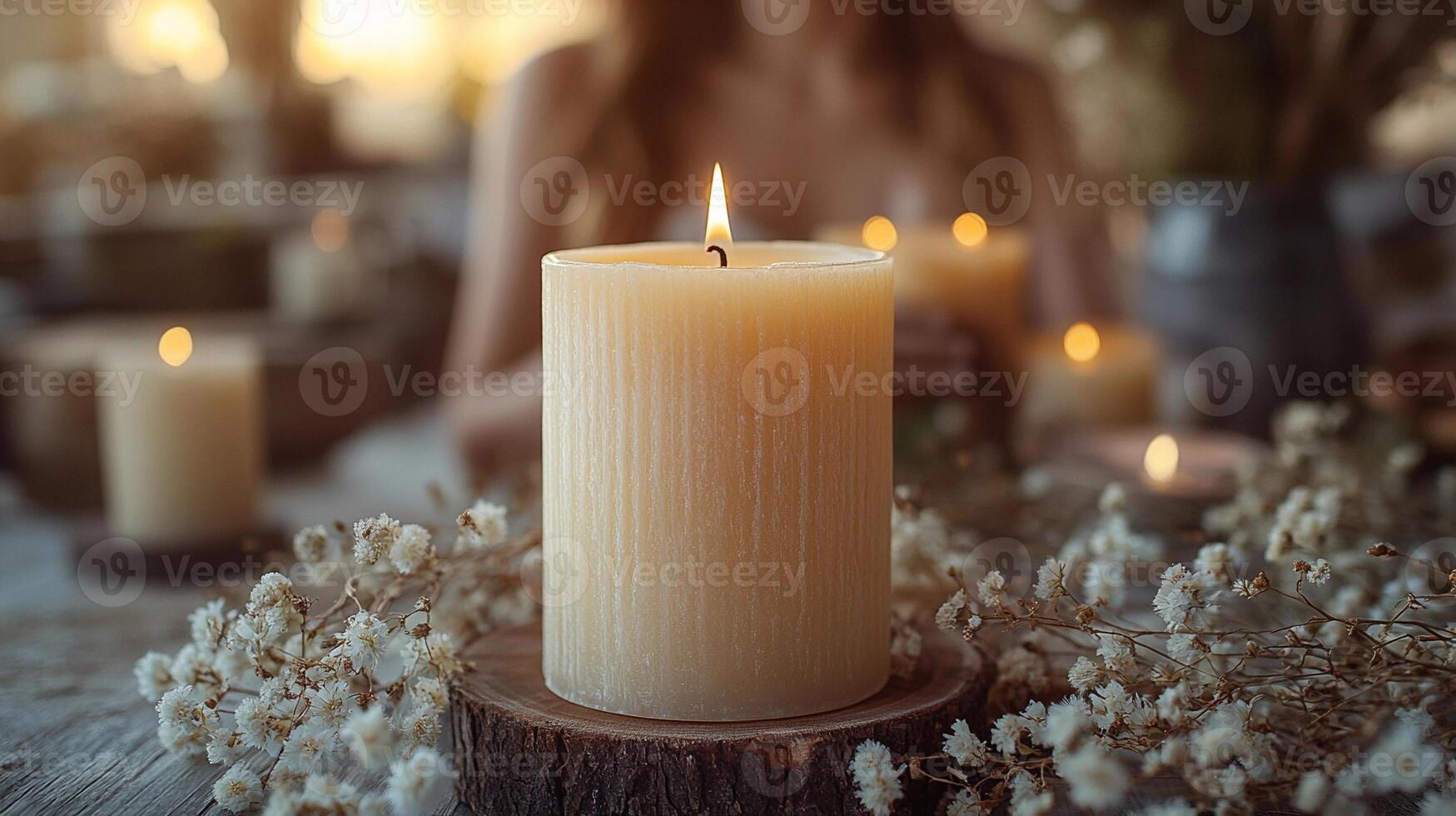 Textured Ribbed Candle Mockup with White Dried Flowers - Minimalist Boho Decor photo
