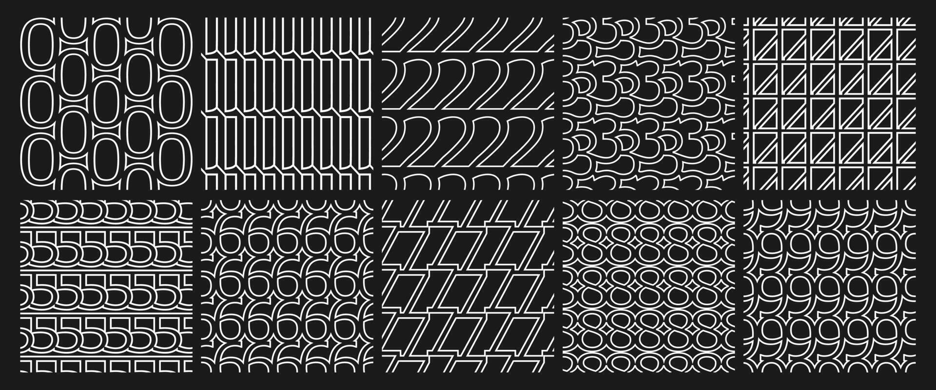 Stylized Number Seamless Patterns 0 to 9 Minimal Line Art Abstract Monochrome Numeric Design Backgrounds vector