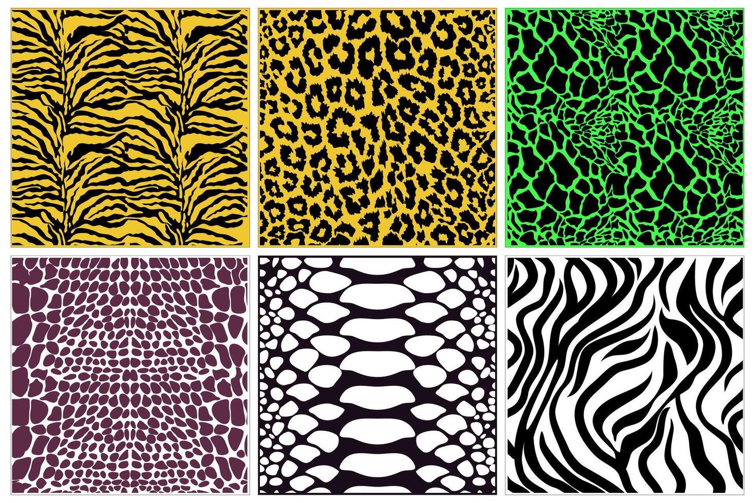 Seamless Repeated Animal Skin Patterns Set with Tiger Leopard Snake and Zebra Textures in Bold Vibrant Colours vector