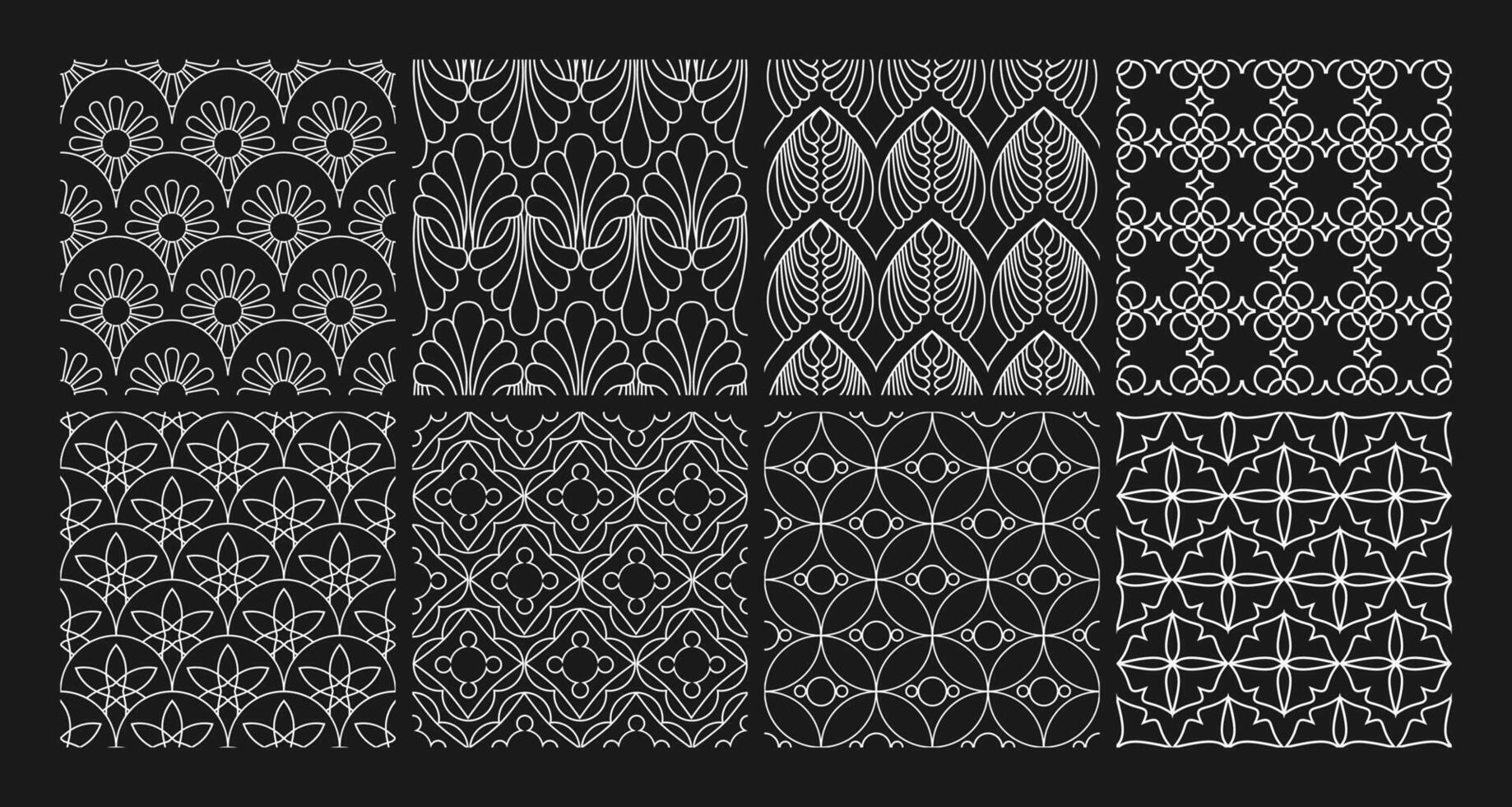 Elegant Floral and Geometric Seamless Line Art Patterns on Black Background vector