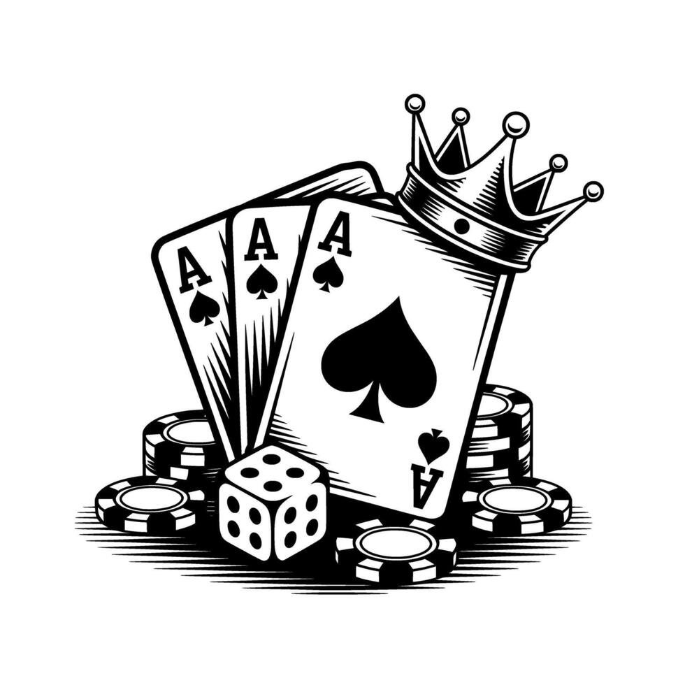 Aces poker cards with crown and dice casino chips gambling illustration design vector