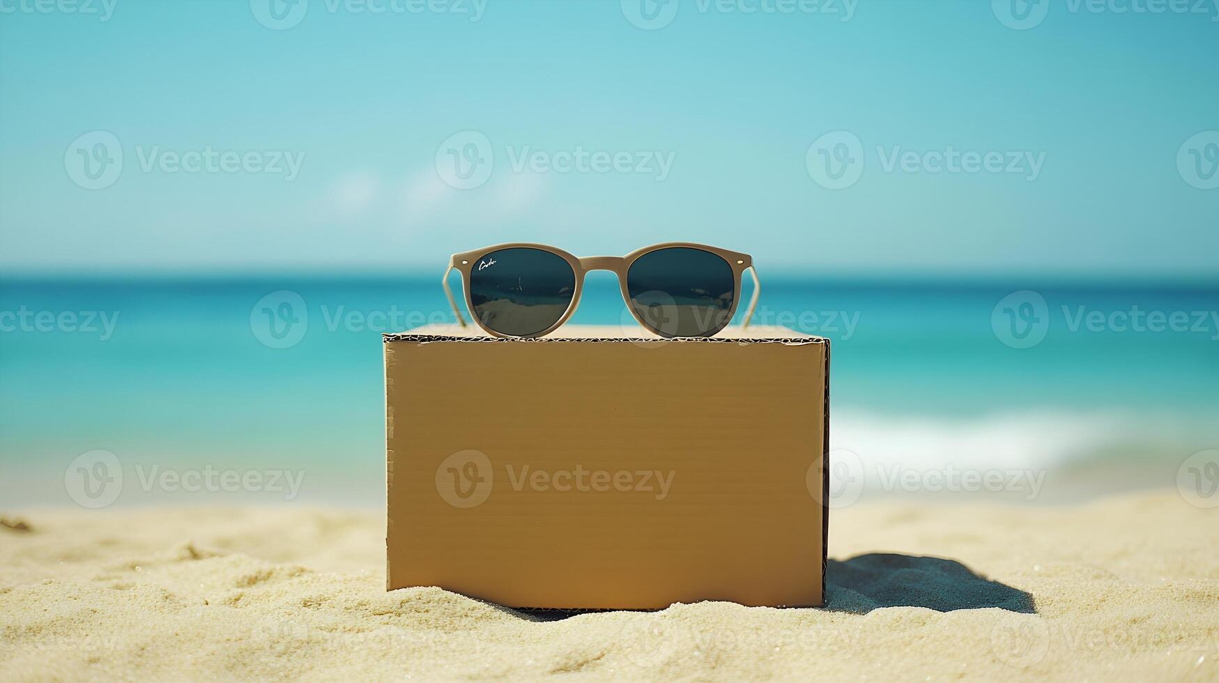 A pair of sunglasses sits on top of a cardboard box on the beach photo
