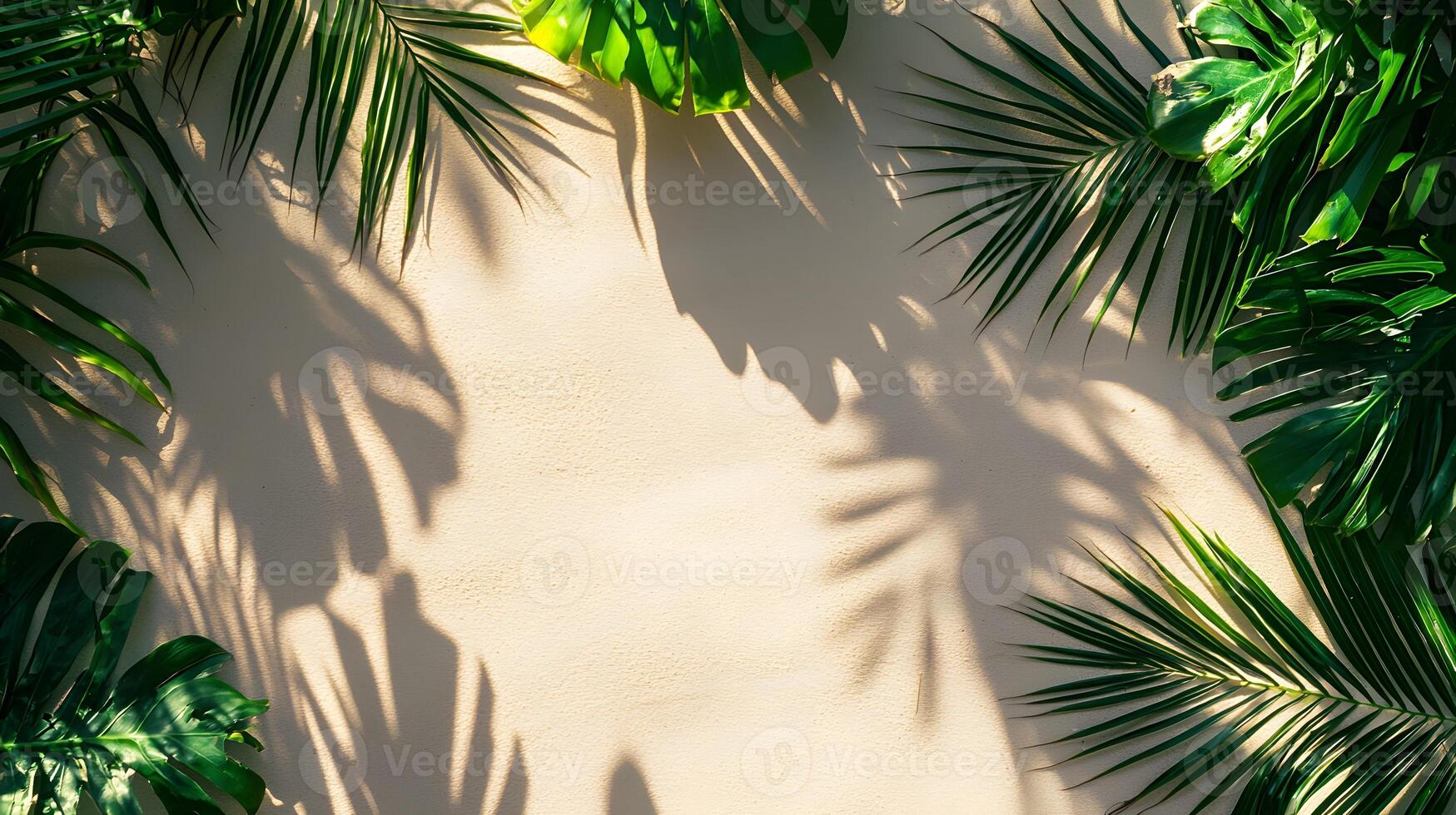 Light and shadow play among green leaves against a textured wall in a serene outdoor setting during bright daylight photo