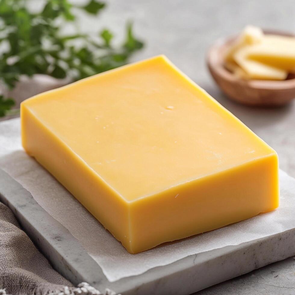A block of cheese on a cutting board photo