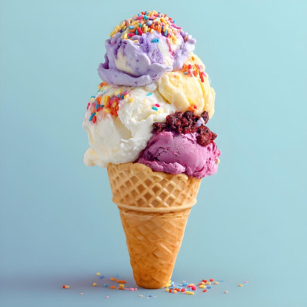 Ice cream cone with colorful sprinkles on blue background photo