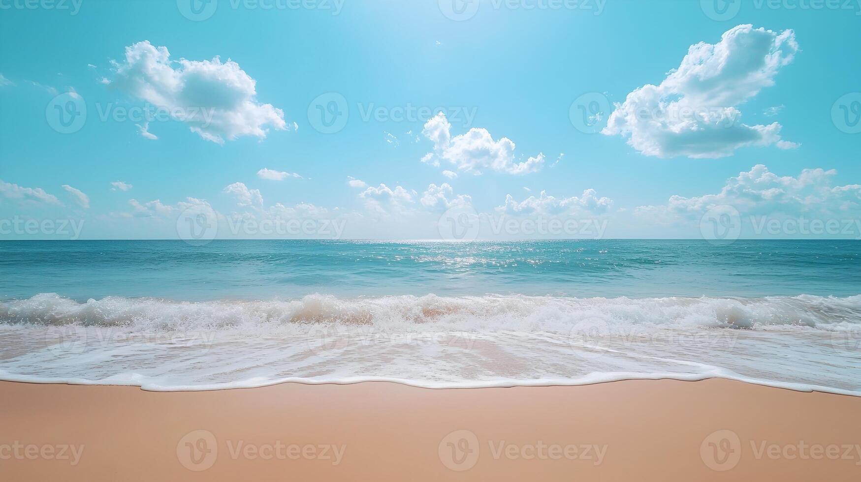 Sunny beach with calm turquoise waters and gentle waves lapping at the sandy shore in a serene coastal setting photo