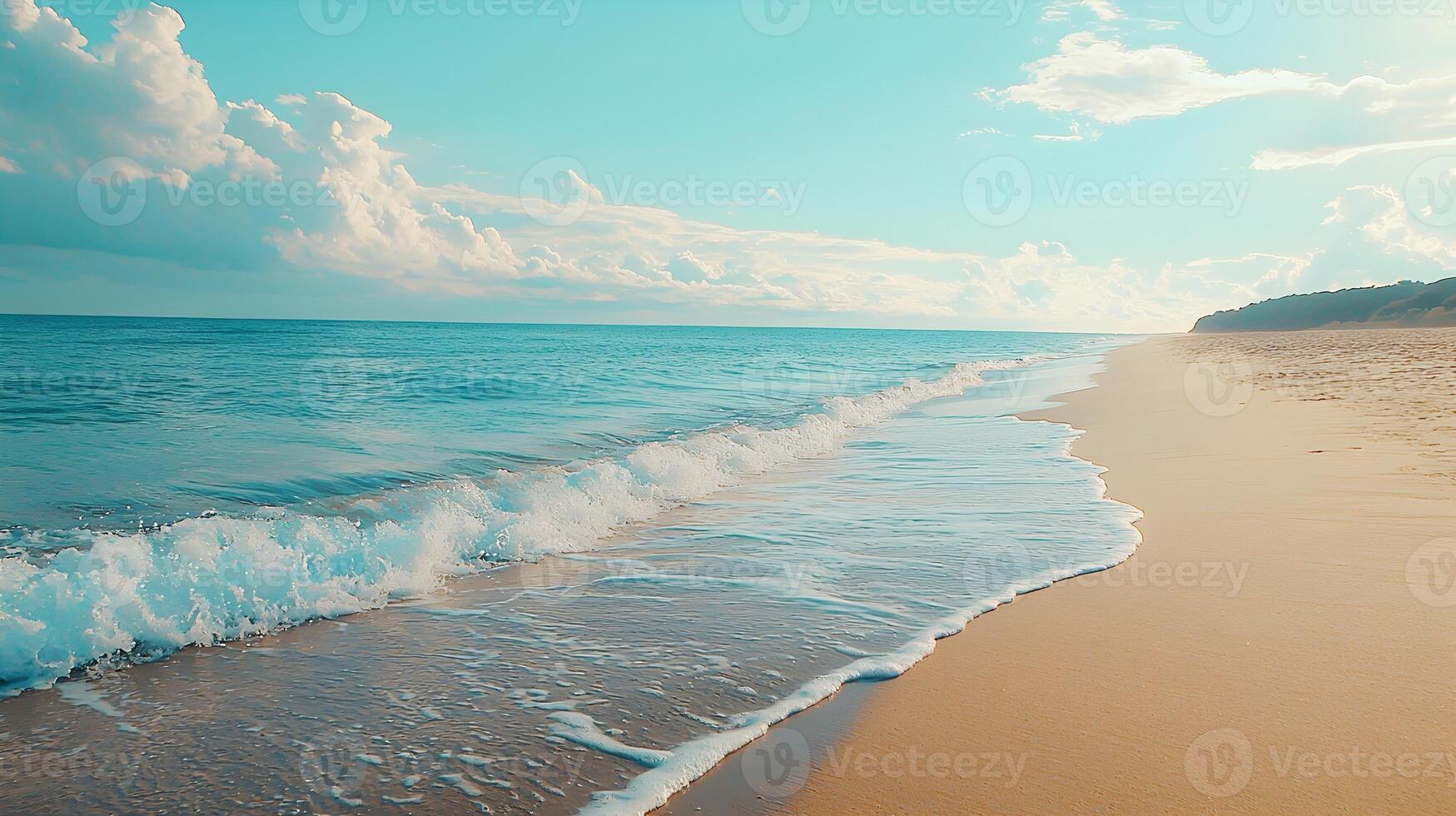 Calm ocean waves gently lapping on a sandy beach under a bright blue sky photo