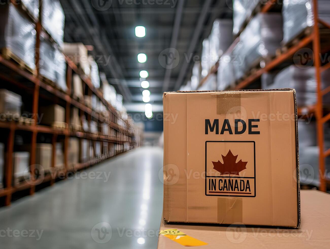 Cardboard box marked made in Canada inside a large warehouse filled with stacked pallets and shelves in a distribution center photo