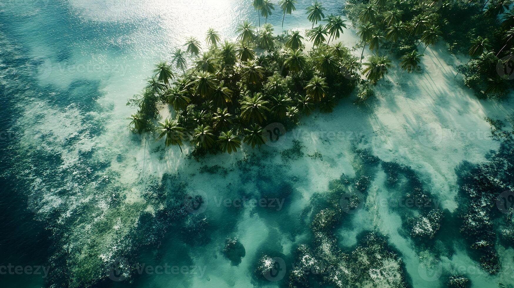 Idyllic tropical island surrounded by turquoise waters and lush palm trees during midday, capturing nature's serenity and beauty photo