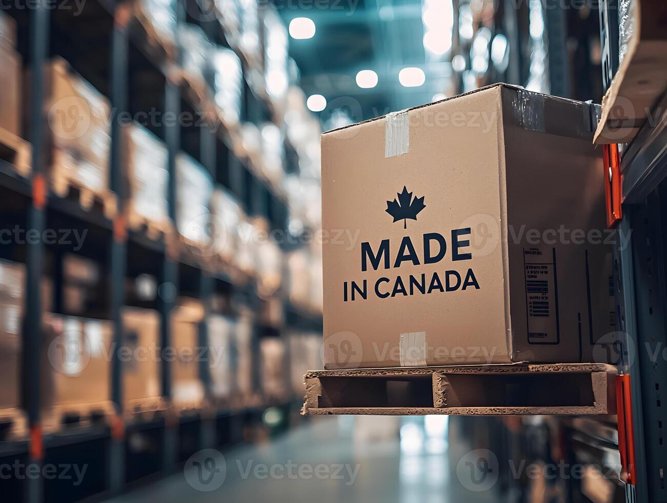 Boxes labeled made in Canada hanging in a warehouse aisle with shelves filled with products during daytime photo