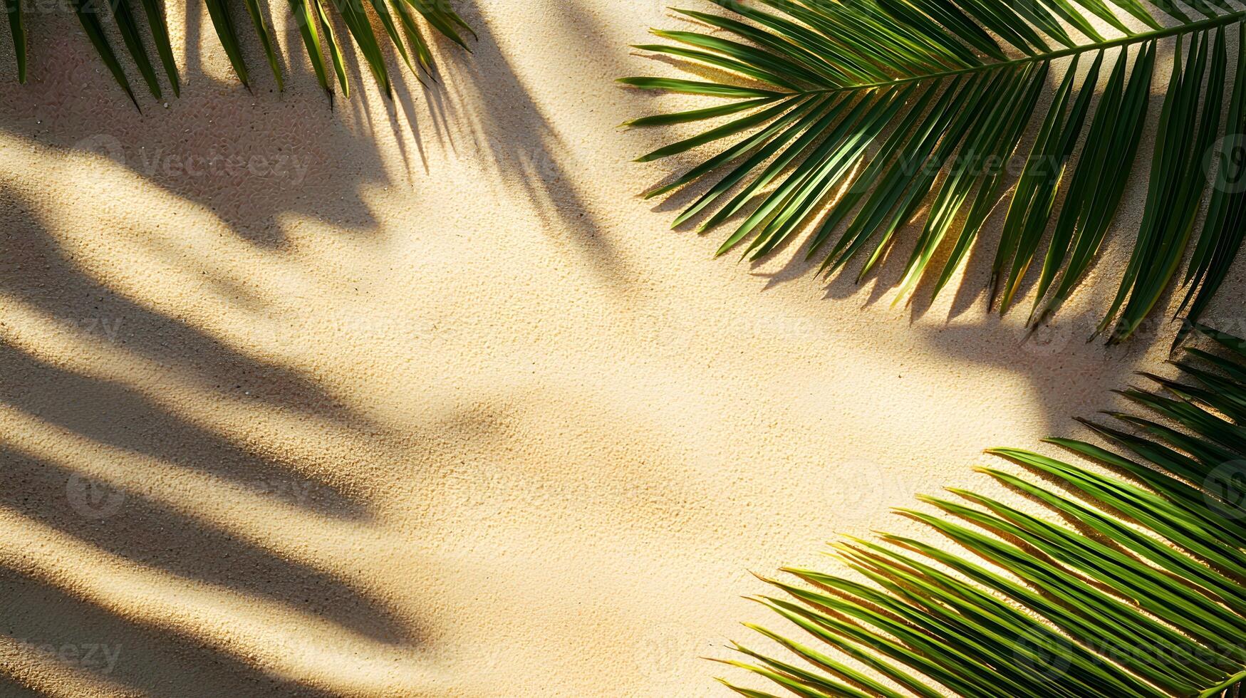 Sunlight filtering through palm leaves creates intricate shadows on sandy beach surface during midday photo