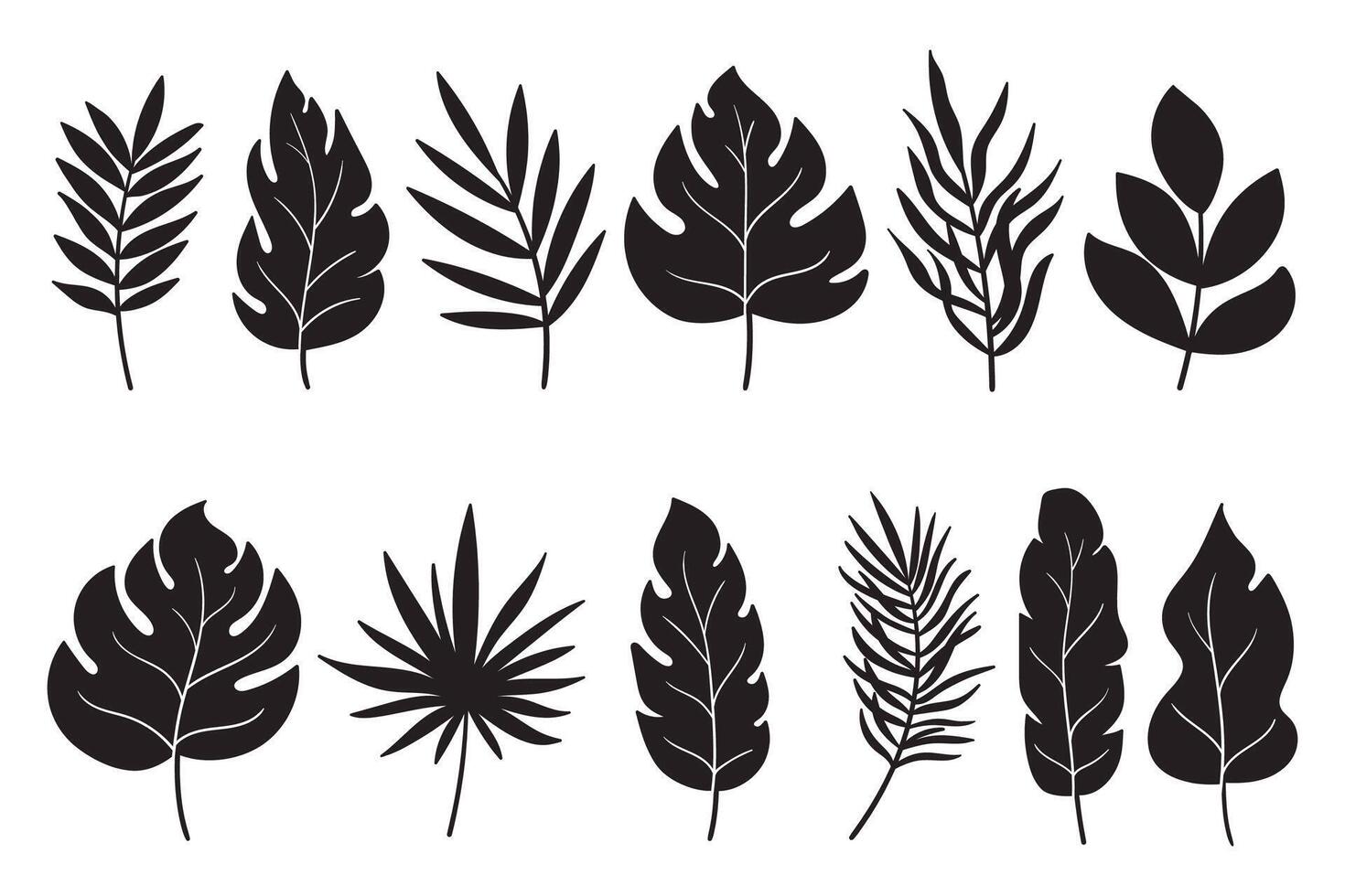 Black tropical leaves silhouettes set isolated on white background for poster, print, invitation, cover design. Ornamental exotic leaves silhouettes. Palm, banana, monstera, coconut leaves vector
