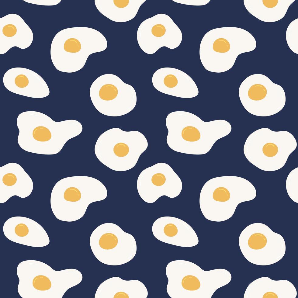 Sunny side up eggs pattern on blue background. Fried eggs seamless pattern. Healthy breakfast pattern for wrapping paper, fabric, cover design vector