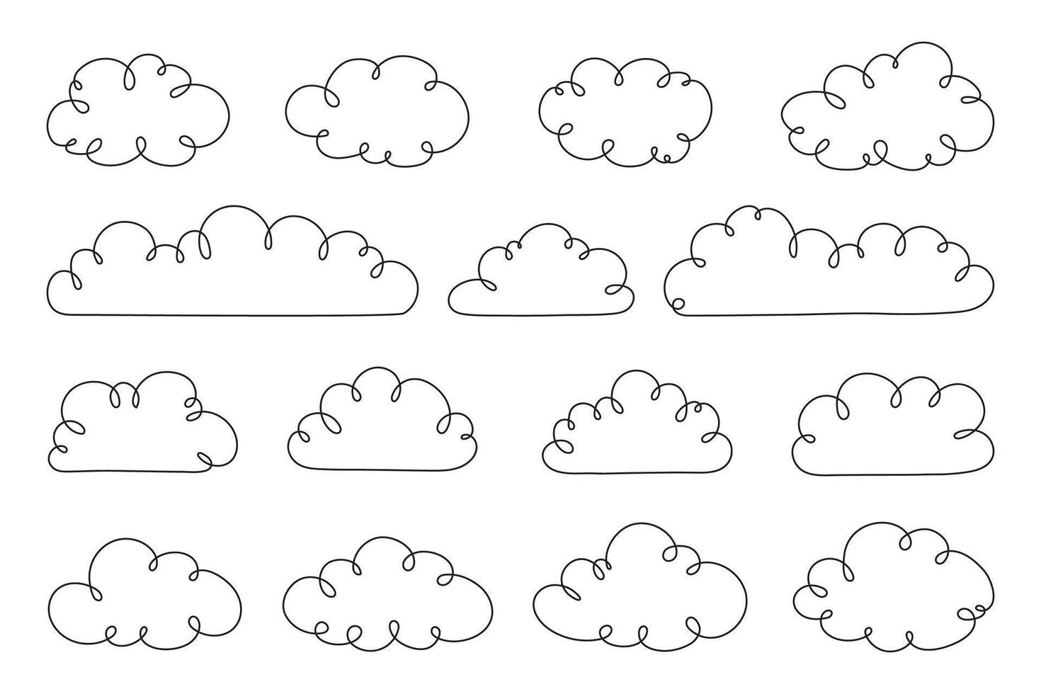 Hand Drawn doodle outline clouds set. Trendy clouds icon set in line art style. Cartoon simple line clouds symbol set vector