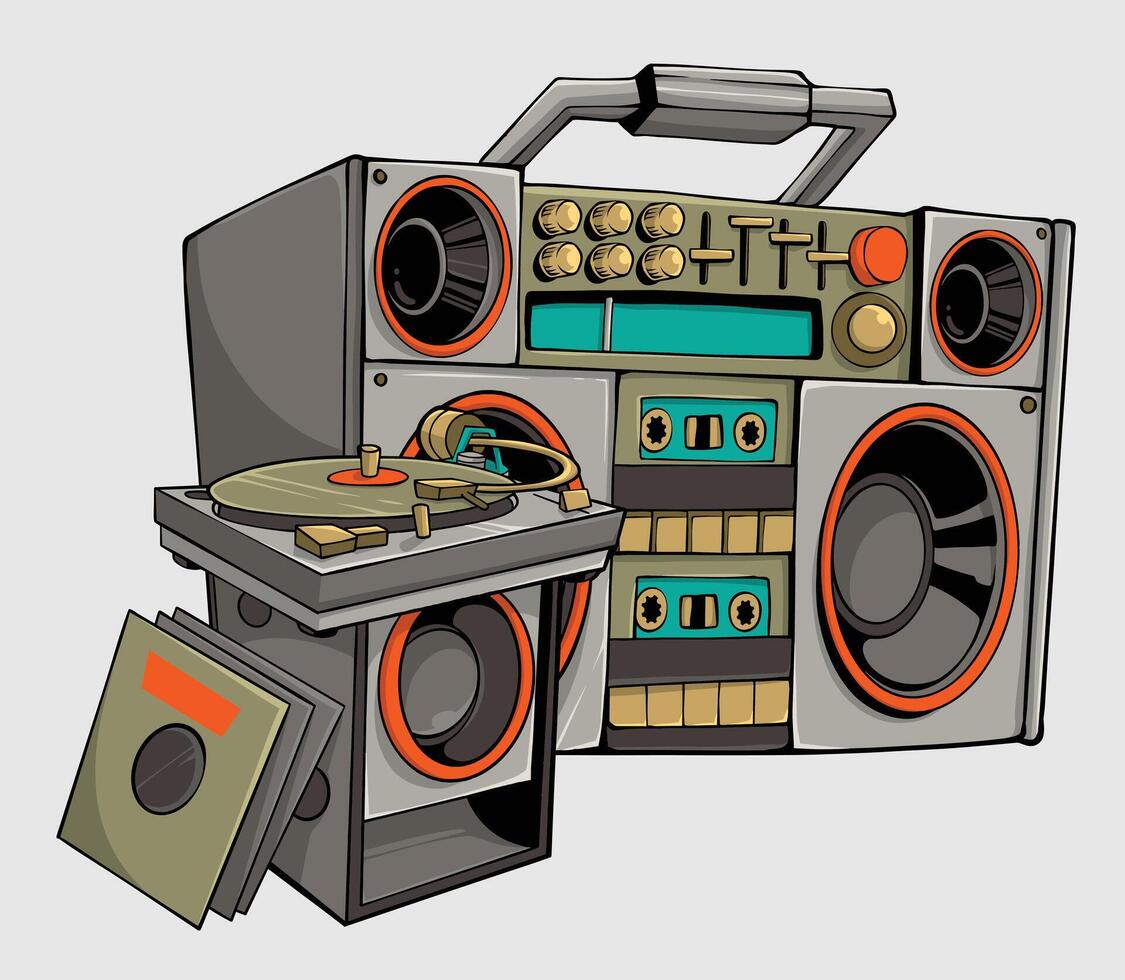 Retro Boombox with Turntable and Vinyl Records vector