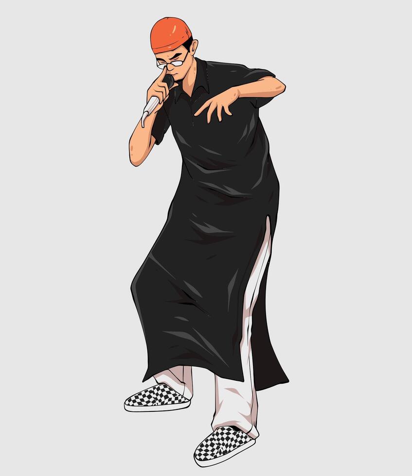 Rapper in black robe performing on stage holding a microphone vector
