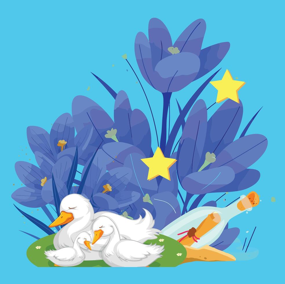Ducks Family Resting by Flowers with a Message in a Bottle vector