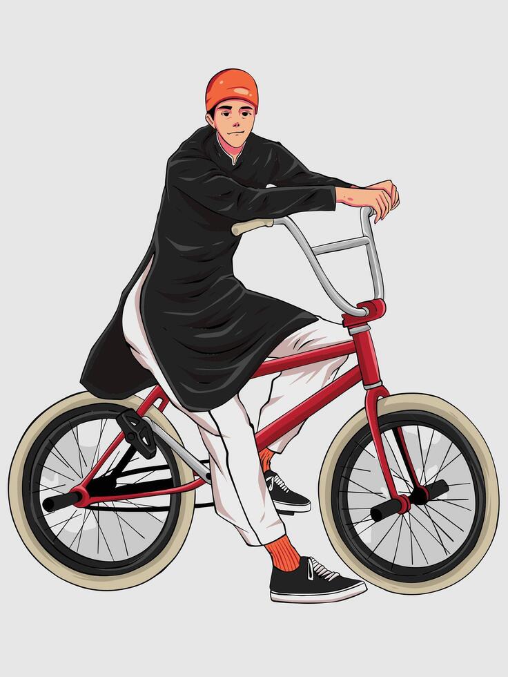 Man in black robe on a red BMX bike vector