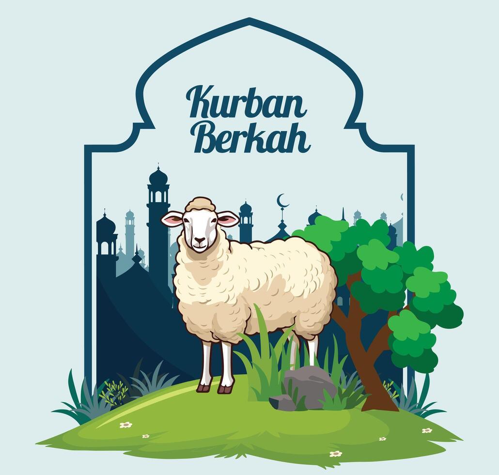 Eid al-Adha Celebration with Sheep and Mosque vector