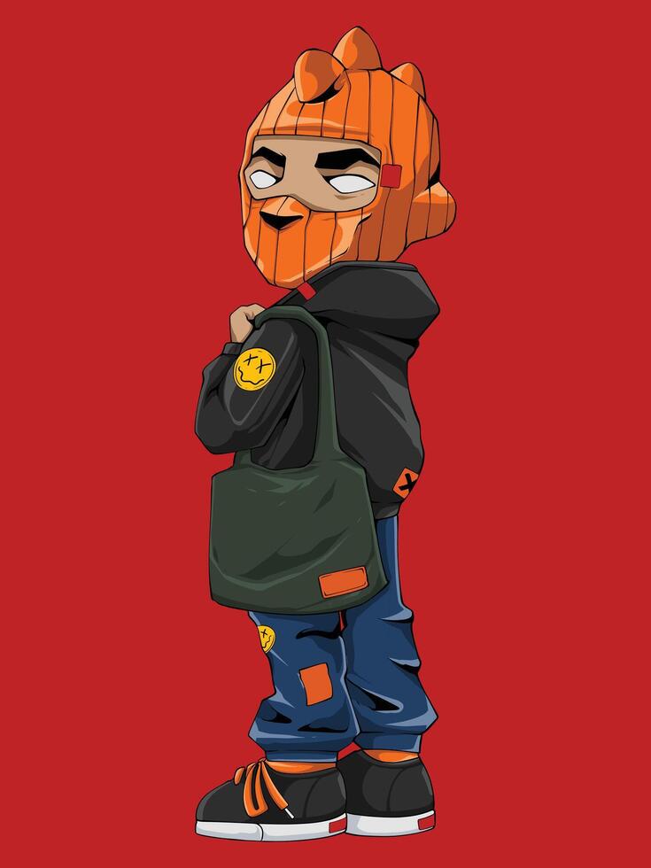 Cartoon Character in Orange Balaclava and Streetwear vector