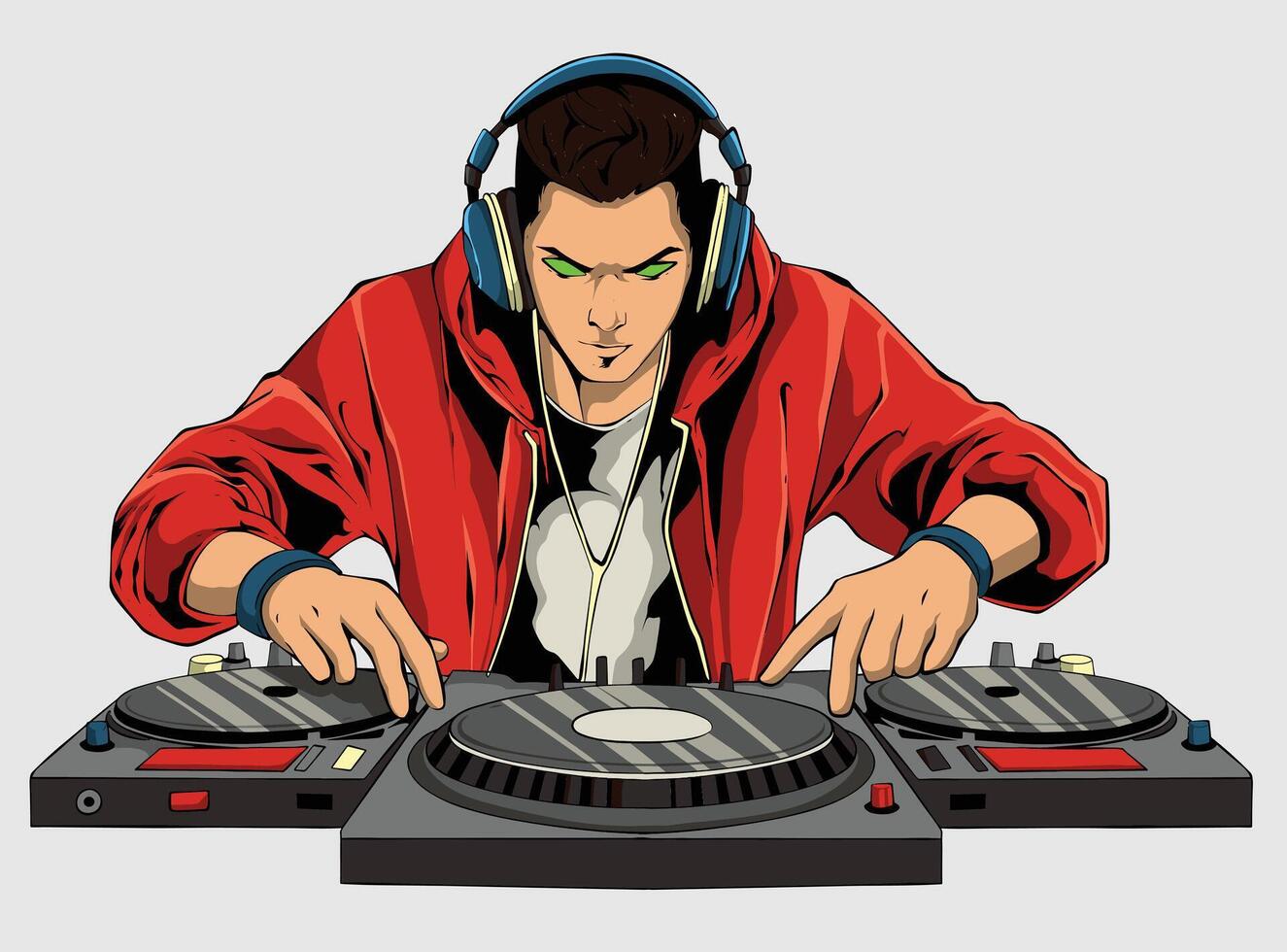 Energetic DJ Mixing Music on Turntables vector