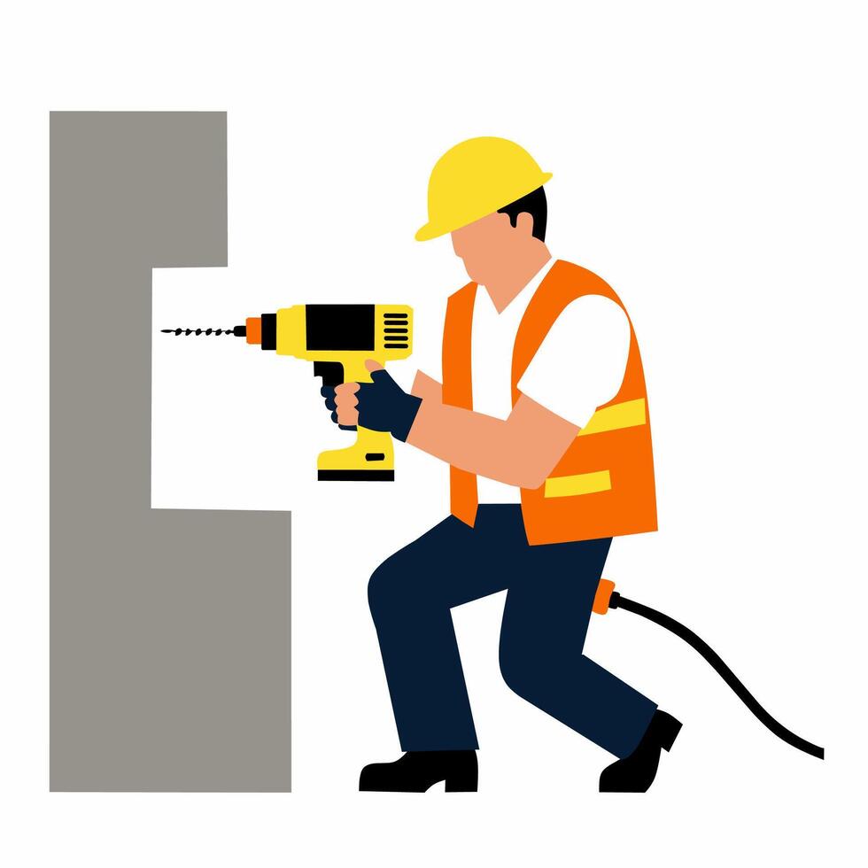 A man in an orange vest is drilling a hole in a wall vector