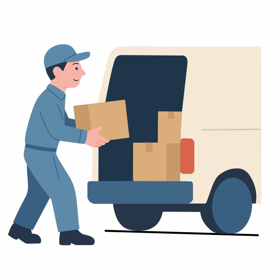 A delivery person carrying a box to a van, illustrating logistics and transportation. vector