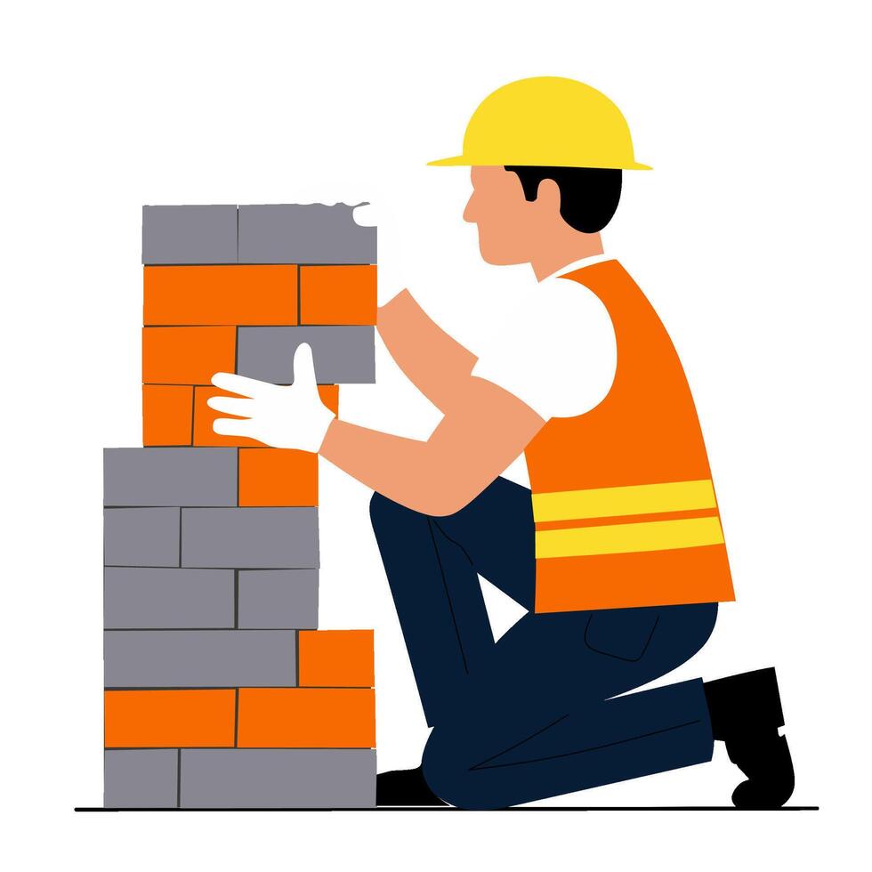 A construction worker kneels to stack bricks, wearing a hard hat and safety vest. vector