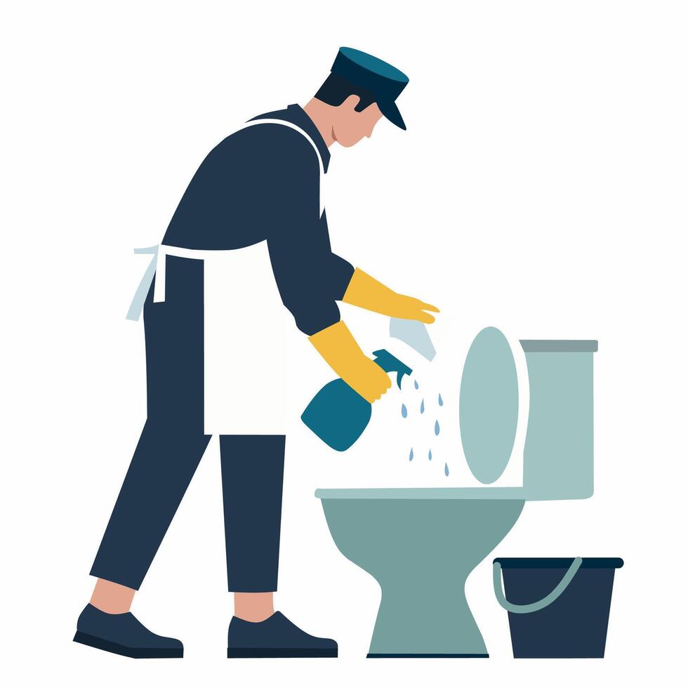 A man in a uniform is cleaning a toilet vector