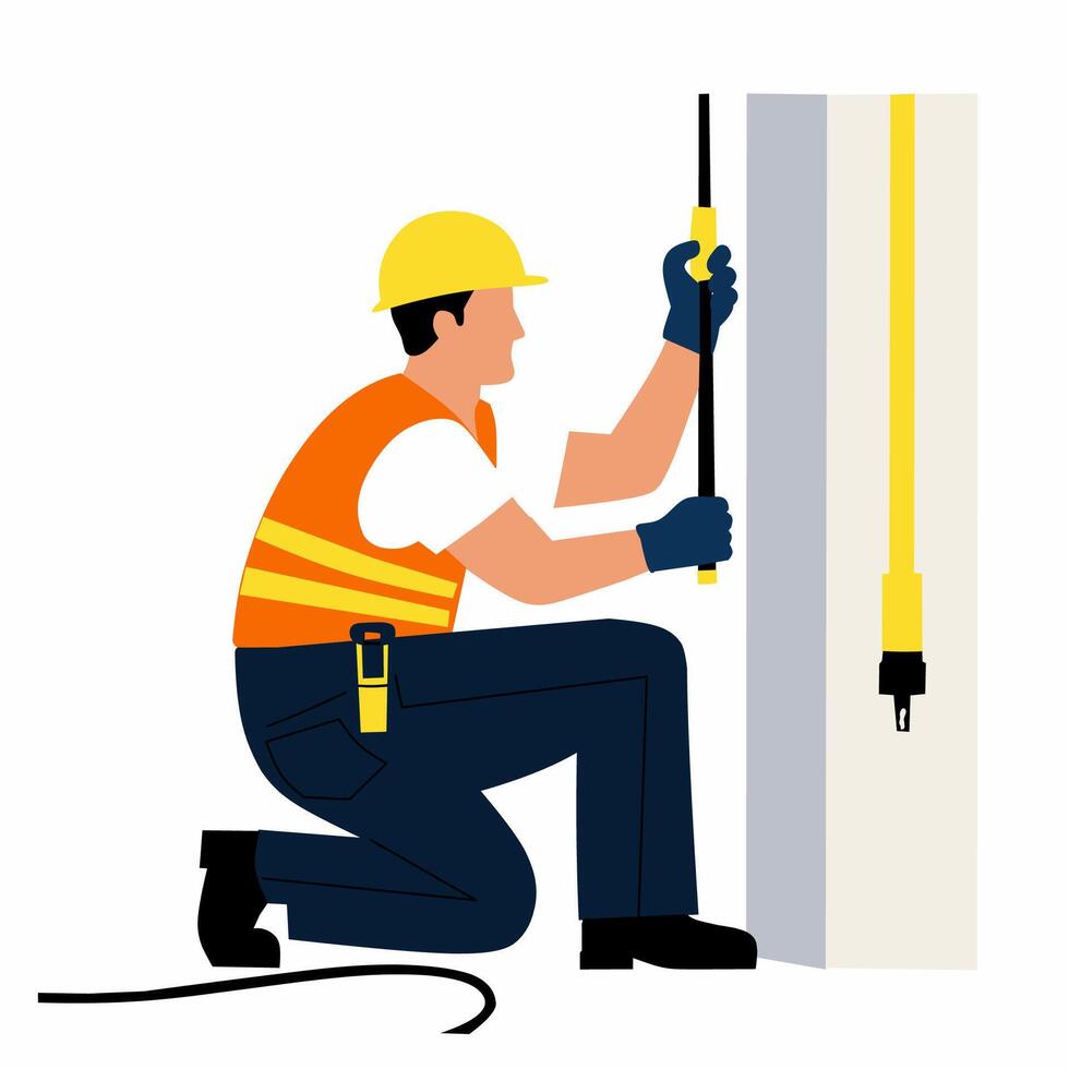 A man in an orange vest and hard hat is holding a pole vector