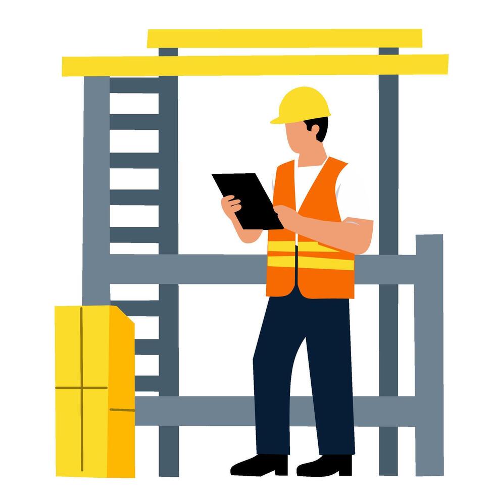 A construction worker in a hard hat and vest checks a tablet near scaffolding. vector