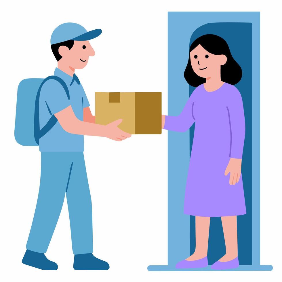 A delivery person hands a package to a woman at her doorstep. vector