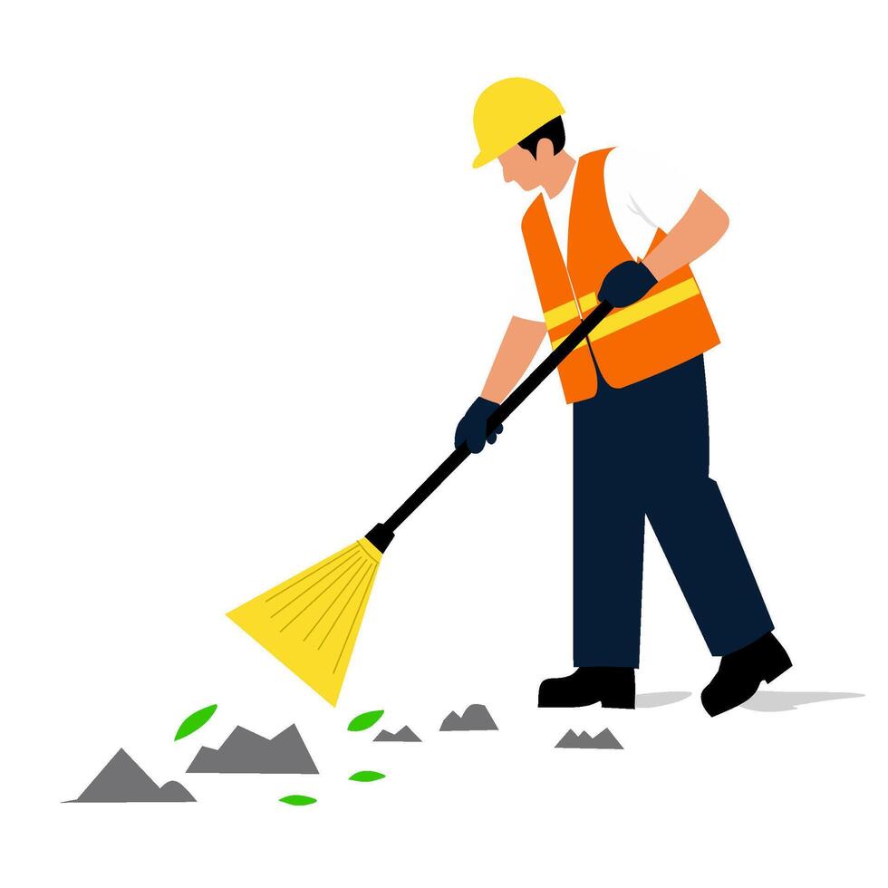 A worker in a safety vest sweeps debris with a broom, promoting cleanliness and maintenance. vector