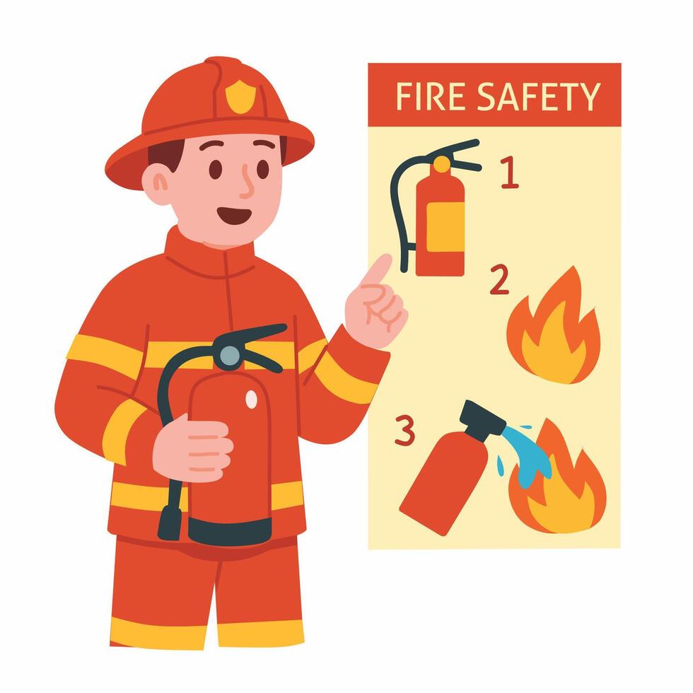 A firefighter presenting fire safety tips with a fire extinguisher illustration. vector
