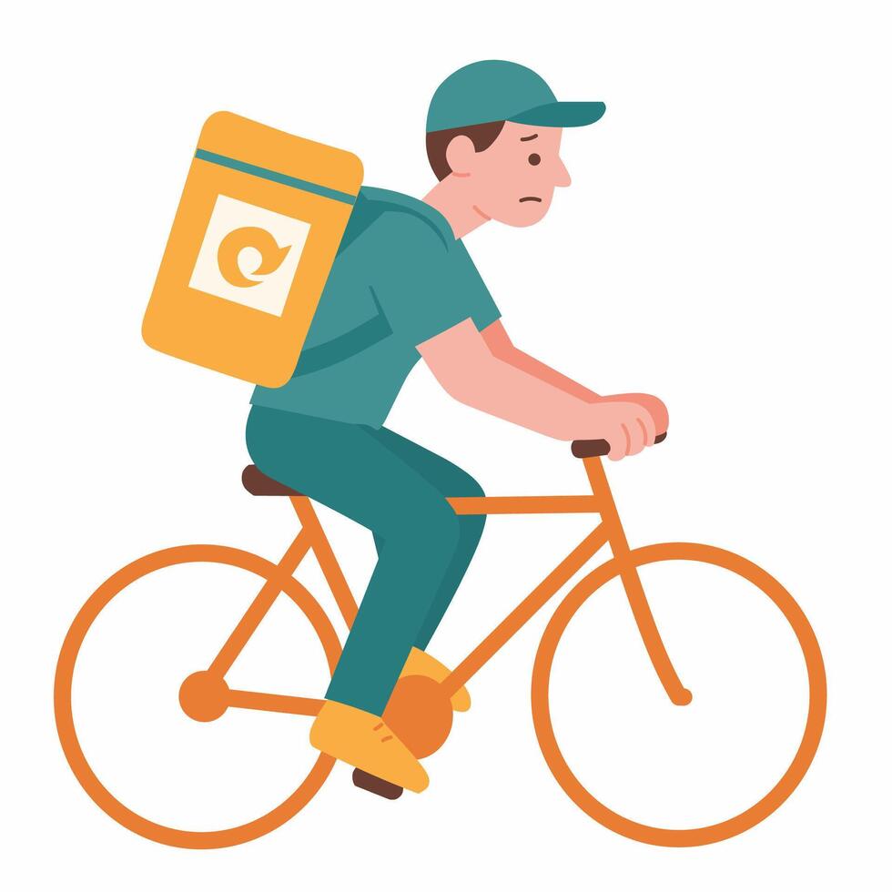 A delivery person riding a bicycle with a backpack. vector