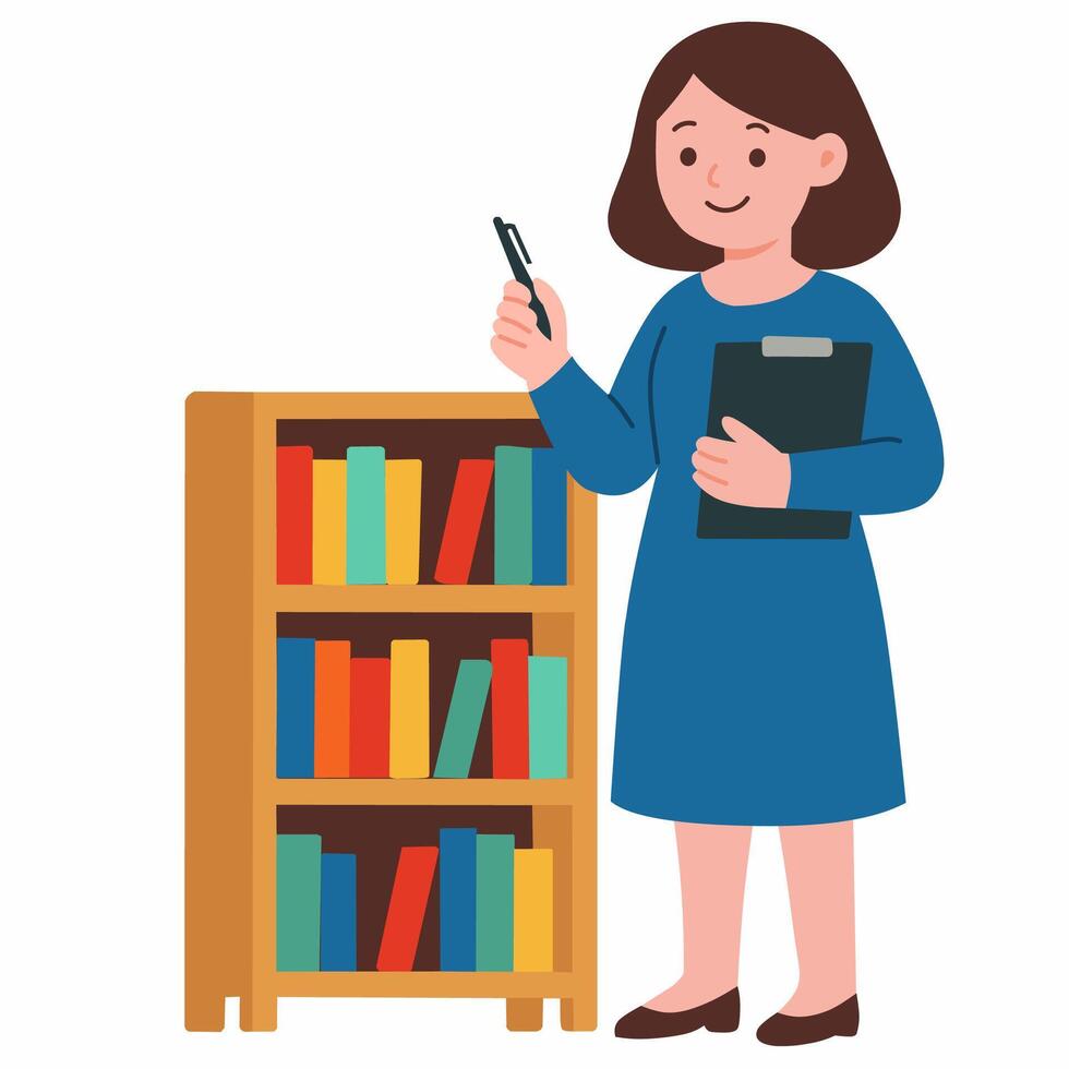 A woman in a blue dress stands by a bookshelf, holding a clipboard and a pen. vector