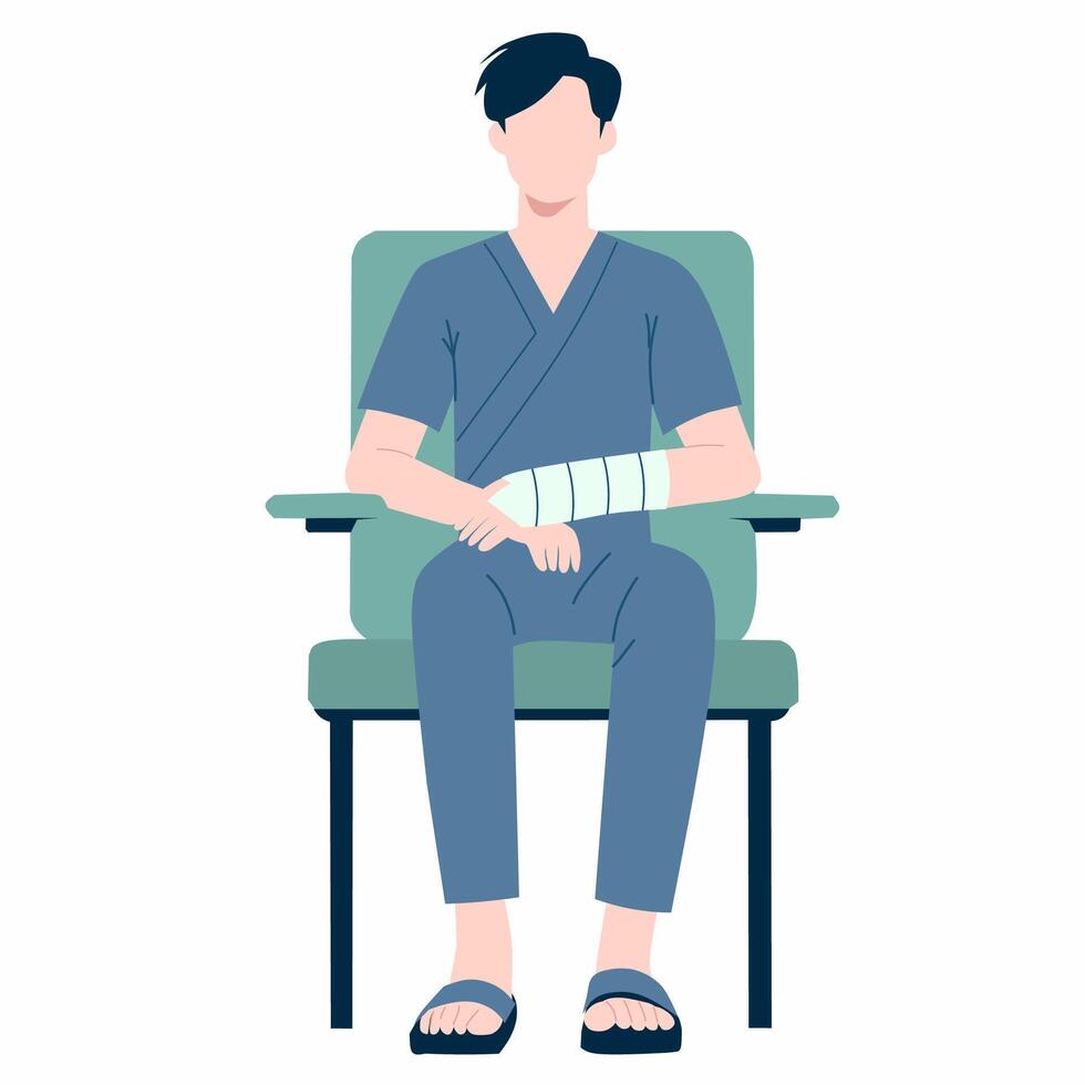 A man with a cast on his arm sitting in a chair vector