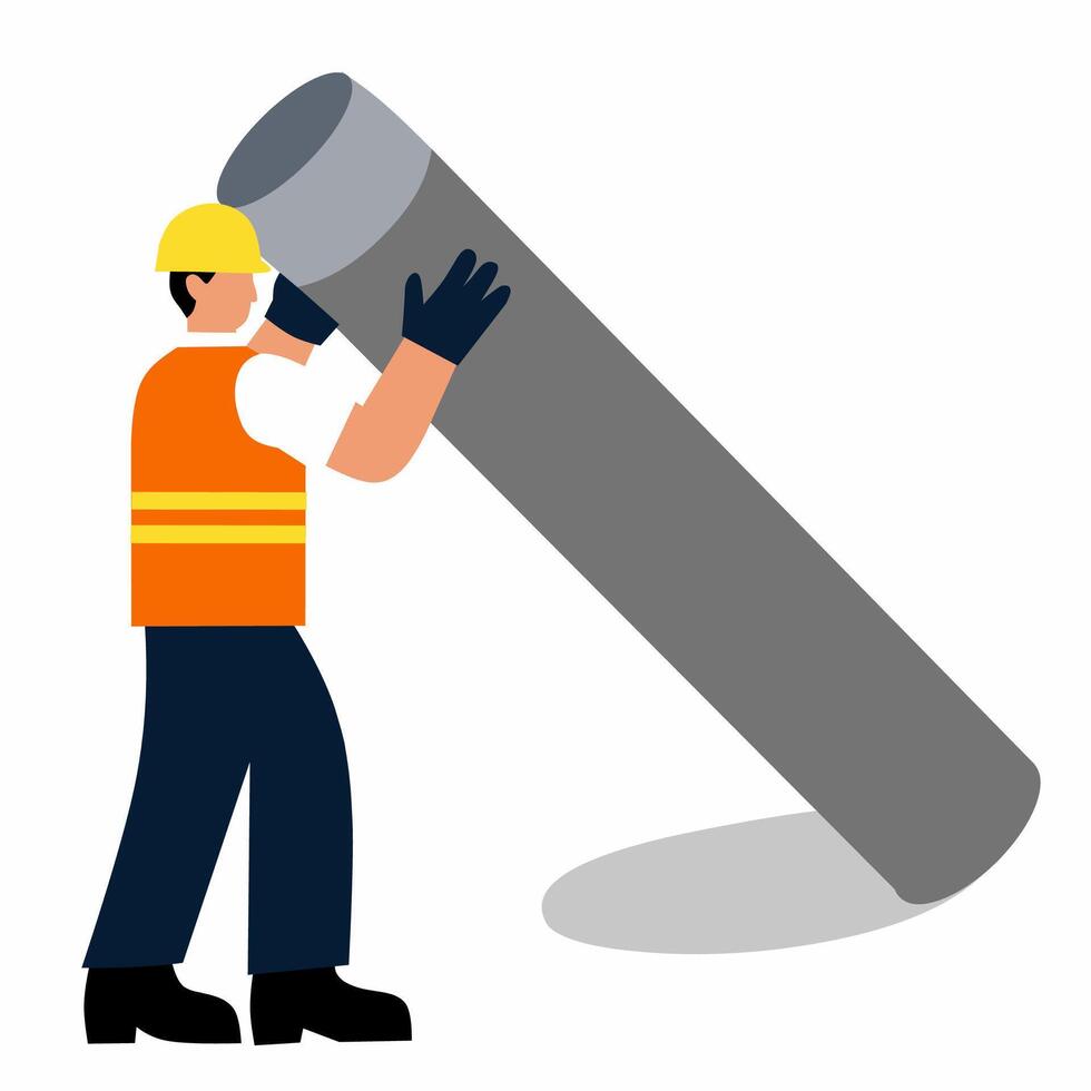 A man in an orange vest is holding a large pipe vector