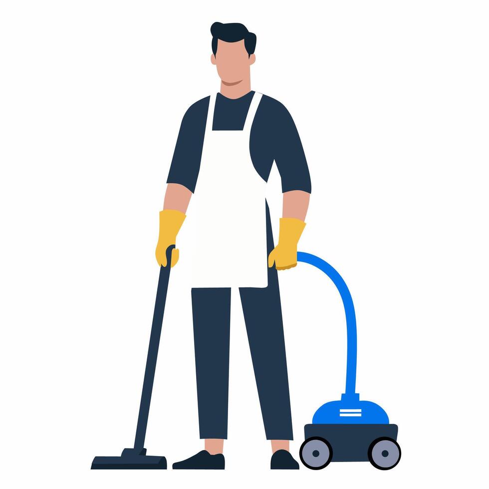 A man in an apron and rubber gloves is holding a vacuum cleaner vector